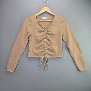 Aster Knit Top Ruched Front Drawstring Small Tan Long Sleeve Cropped Sweater